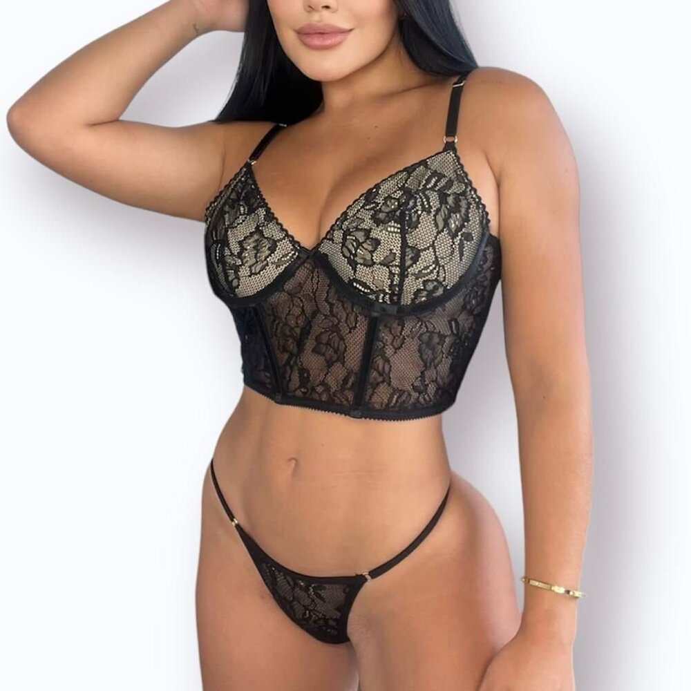The Keeper Black Tan Colombian Floral Lace Corset Thong Lingerie Set